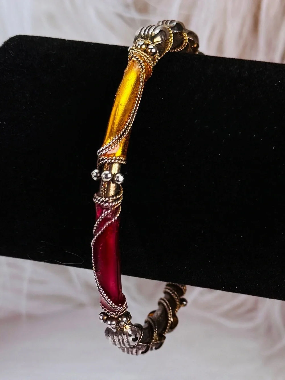 Vintage aged Goldtone and Red Bangle Bracelet